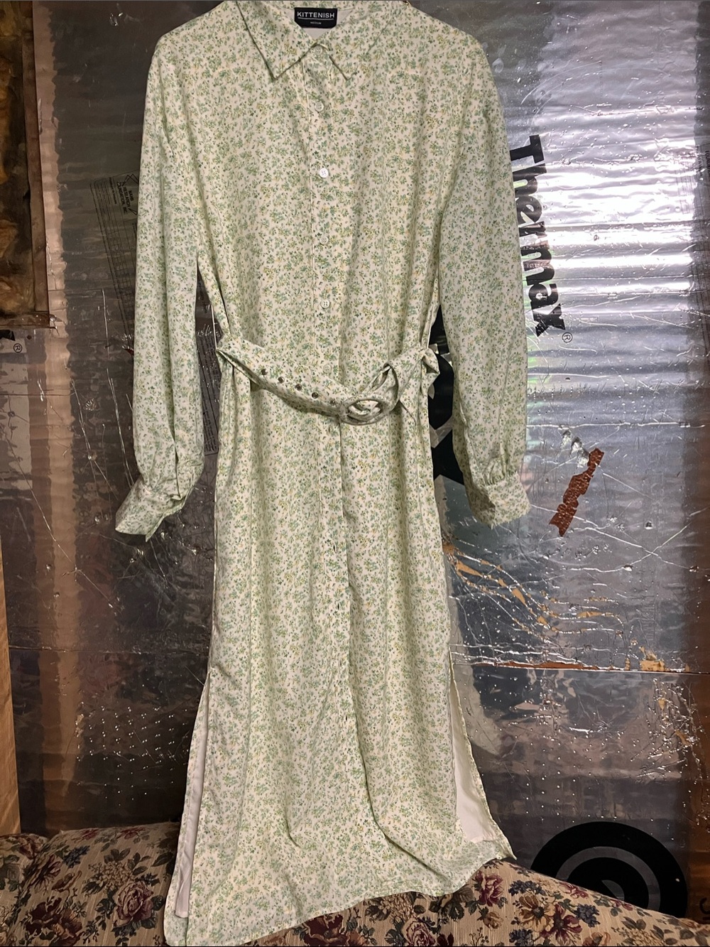 Kittenish Light Green Floral Long Sleeve Shirt Dress with Tie Waist
